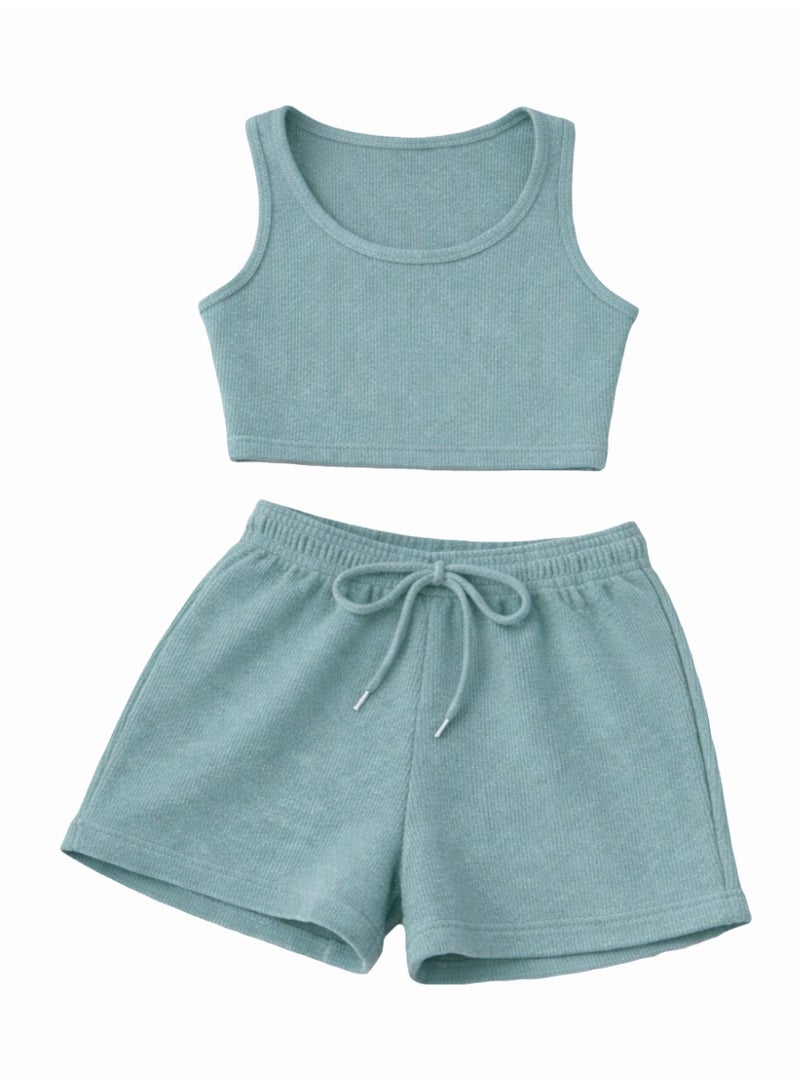 نايلتون طقم ملابس بناتي مكون من توب قصير مضلع وشورت عالي الخصر.  طقم ملابس كاجوال للأطفال - توب قصير وشورت برباط - Image 2